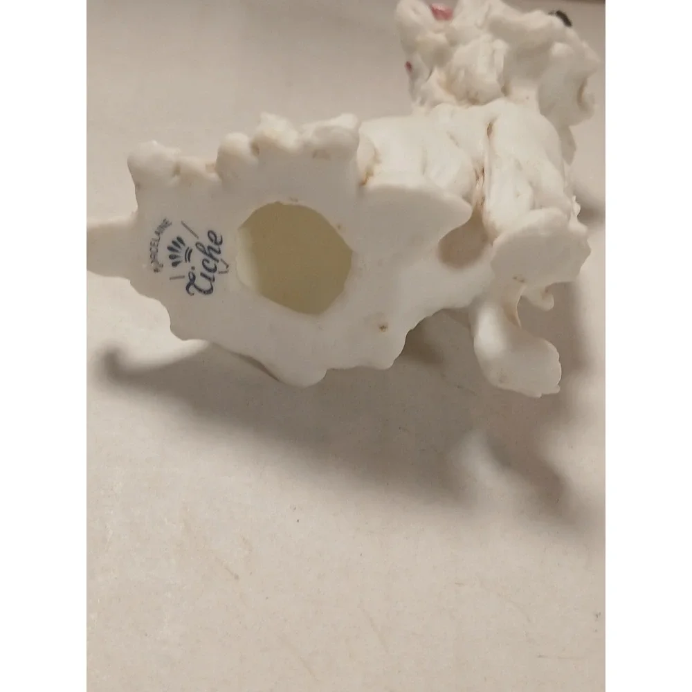 Antique Porcelain‎ White Pink Bow Dog Italian Figurine, Tiche Company,